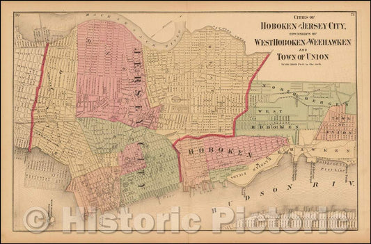 Historic Map - Cities of Hoboken and Jersey City, Townships of West Hoboken and Weehawken and Town of Union, 1872, Comstock & Cline Beers - Vintage Wall Art