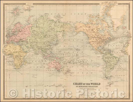 Historic Map - Chart of the World on Mercator's Projection Showing the directions of the Oceans Currents, 1884 - Vintage Wall Art