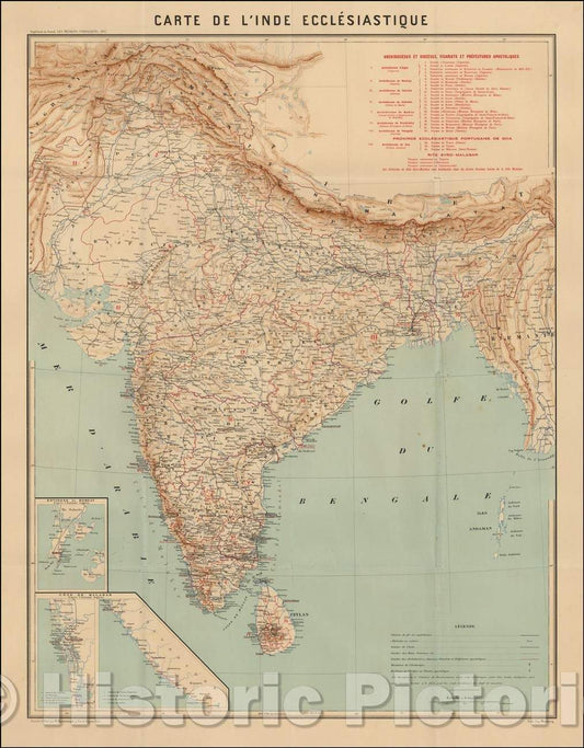Historic Map - Carte De L'Inde Ecclesiastique/Map showing the Catholic Missions in India, 1907, Adrien Launay - Vintage Wall Art