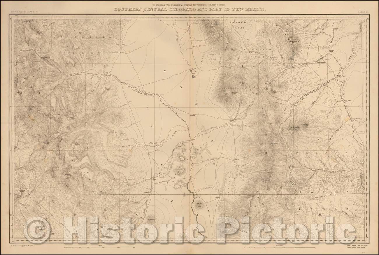 Historic Map - Southern Central Colorado and Part of New Mexico, 1877, F.V. Hayden - Vintage Wall Art