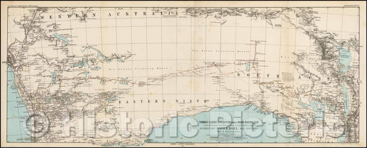 Historic Map - Thomas Elders' Expedition durch Inner-Australien von Beltana im Osten bis Perth im/Map,route taken by Ernest Giles across Australia, 1876 - Vintage Wall Art