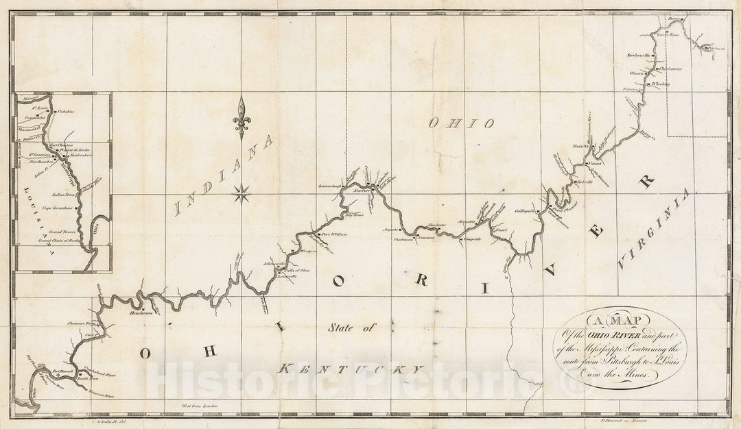 Historic Map - Ohio River and part of the Mississippi, Containing the route from Pittsburg to S. Louis, and the Mines, 1810, Peter Maverick - Vintage Wall Art