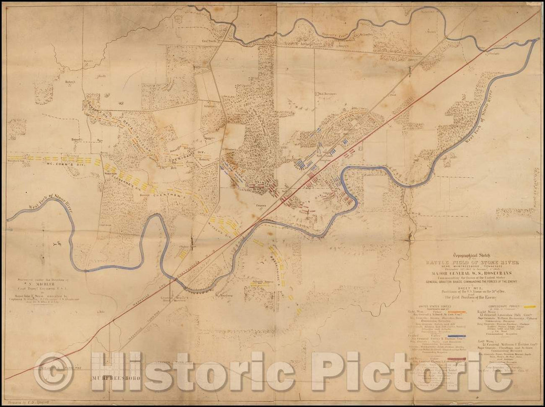 Historic Map - Topographical Sketch of the Battle Field of Stone River Near Murfreesboro, Tennessee December 30th 1862 to January 3rd 1863, 1863 - Vintage Wall Art
