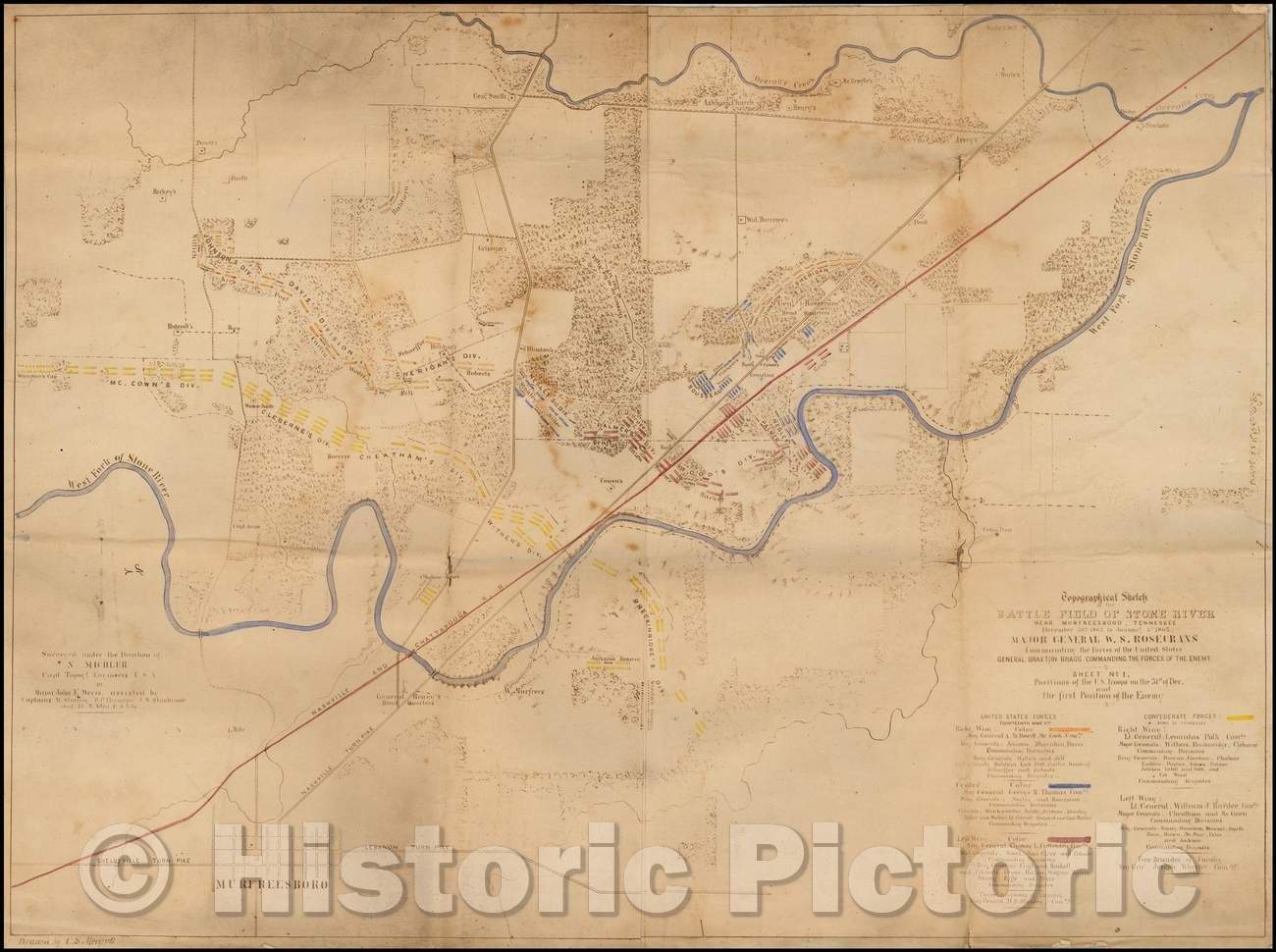 Historic Map - Topographical Sketch of the Battle Field of Stone River Near Murfreesboro, Tennessee December 30th 1862 to January 3rd 1863, 1863 - Vintage Wall Art