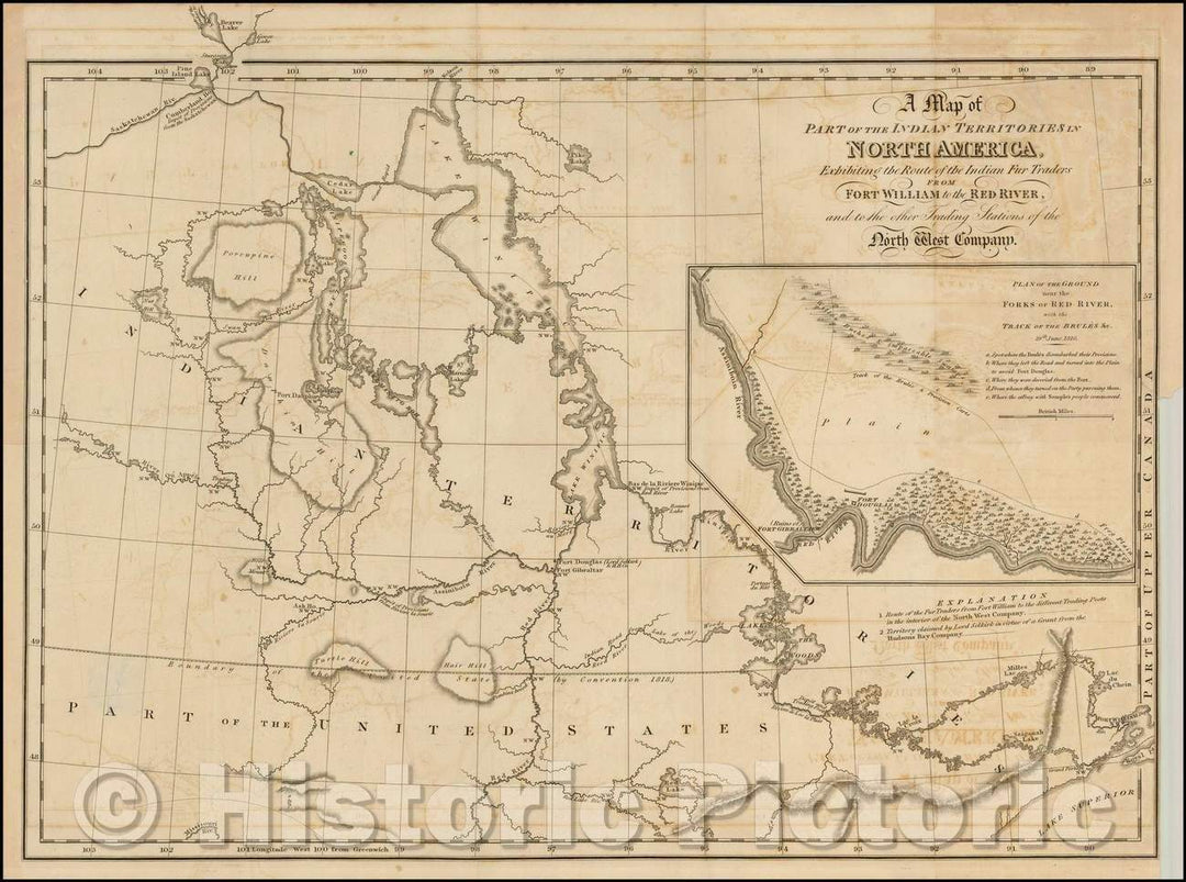 Historic Map - A Map of Part of the Indian Territories in North America Exhibiting the Route of the Indian Fur Traders From Fort William to the Red River, 1819 - Vintage Wall Art