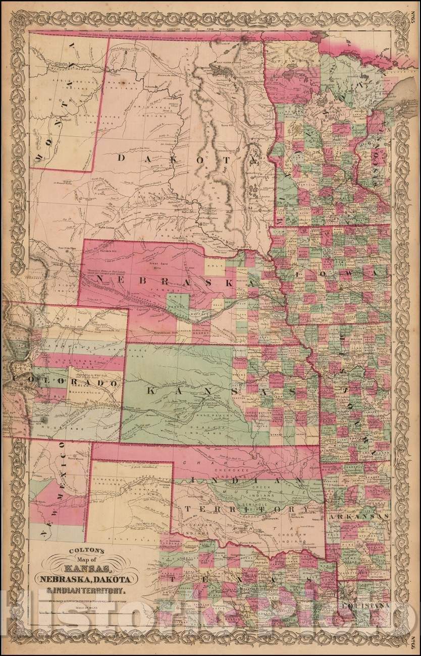 Historic Map - Colton's Map of Kansas, Nebraska, Dakota, Indian Territory, 1865, Joseph Hutchins Colton - Vintage Wall Art