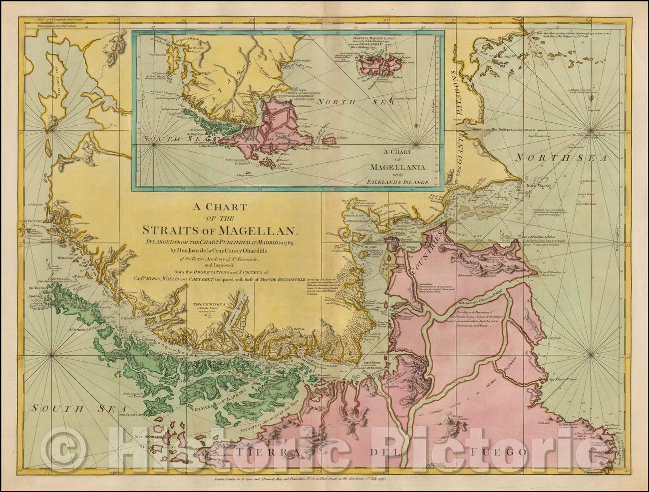 Historic Map - A Chart of the Straits of Magellan Inlarged from the Chart, 1775, Robert Sayer - Vintage Wall Art