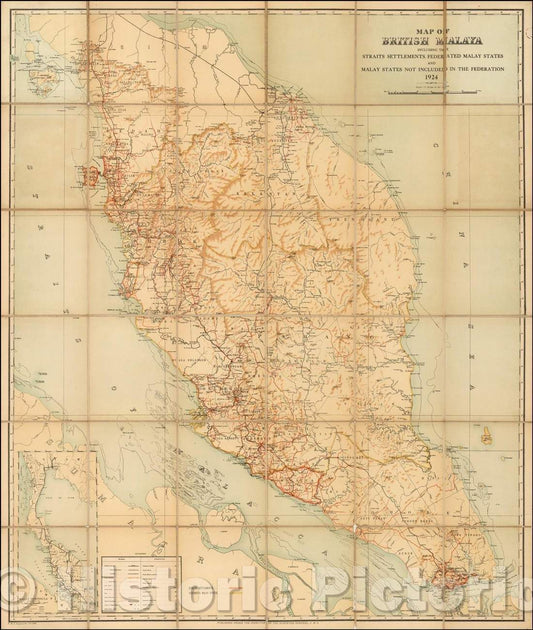 Historic Map - Map of British Malaya Including The Straits Settlements Federated Malay States and Malay States Not Included In The Federation, 1924 - Vintage Wall Art