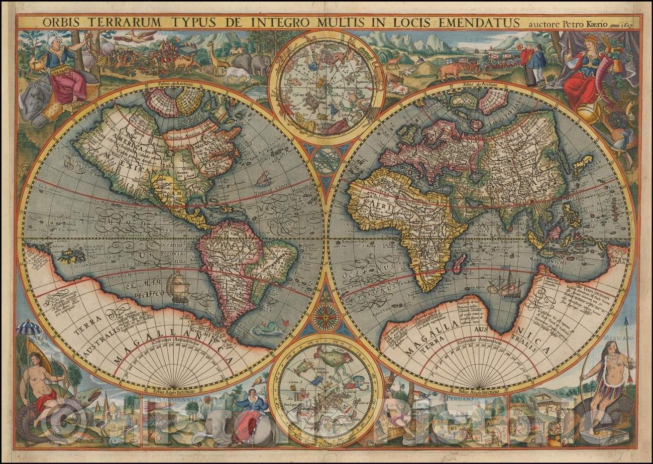 Historic Map - Orbis Terrarum Typus De Integro Multis In Locis Emendatus auctore Petro Kaerio anno 1607 / Double hemisphere World Map, 1607, Petrus Kaerius - Vintage Wall Art