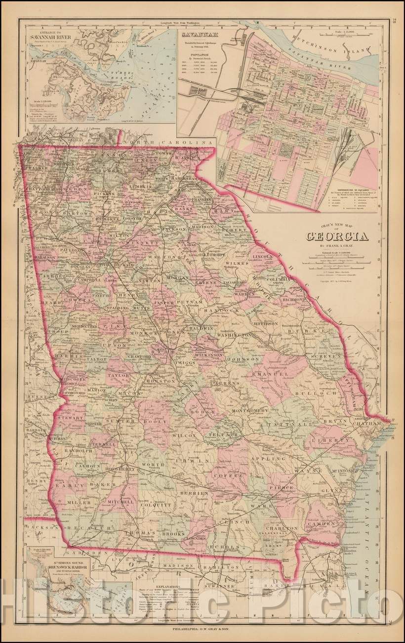 Historic Map - Gray's New Map of Georgia, 1883, Frank A. Gray - Vintage Wall Art
