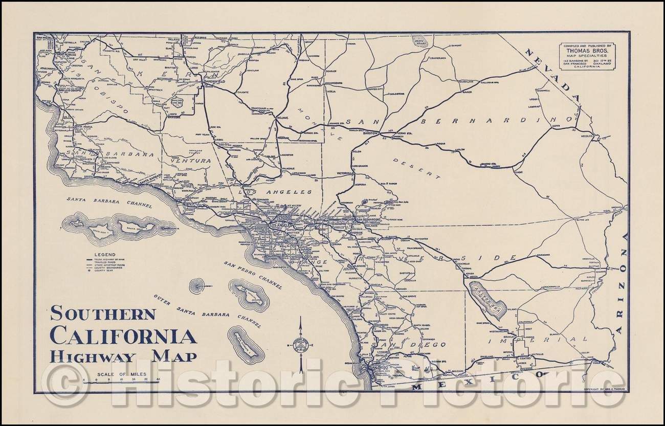 Historic Map - Southern California Highway Map, 1920, Thomas Brothers - Vintage Wall Art