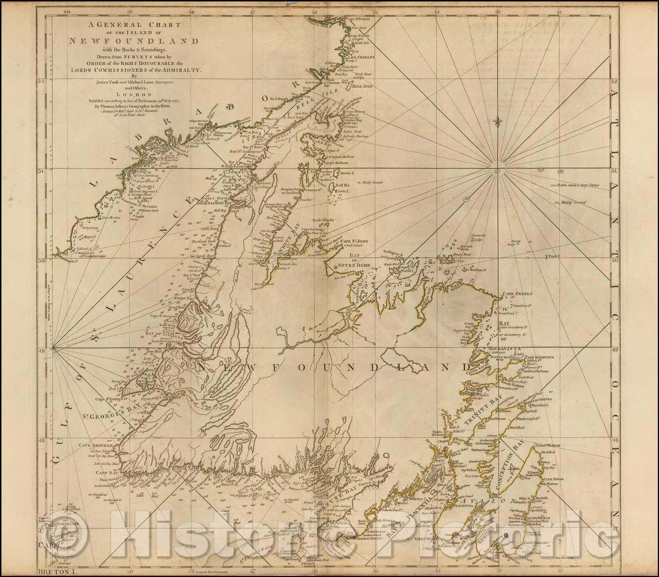 Historic Map - A General Chart of the Island of Newfoundland with the Rocks & Soundings, 1775, Thomas Jefferys - Vintage Wall Art
