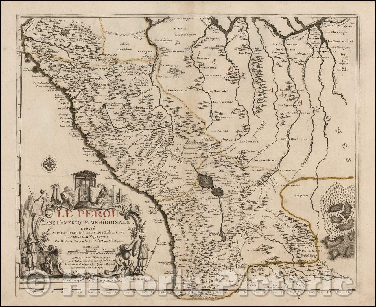 Historic Map - Le Perou Dans L'Amerique Meridionale Dressee Sur les Divers Relations de Flibustiers et Nouveaux Voyageurs :: Example of De Fer's of Peru, 1719 - Vintage Wall Art