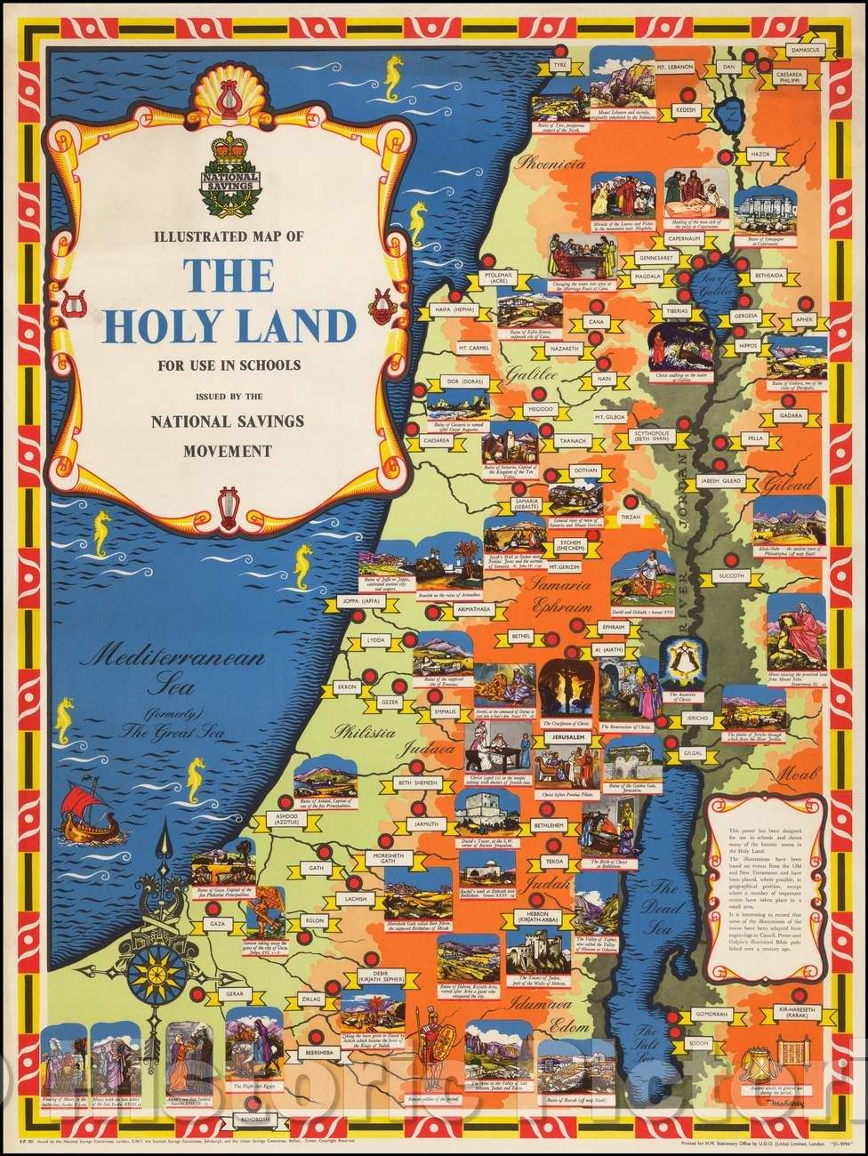 Historic Map - Illustrated Map of the Holy Land For Use In Schools Issued, 1950, Mahoney - Vintage Wall Art