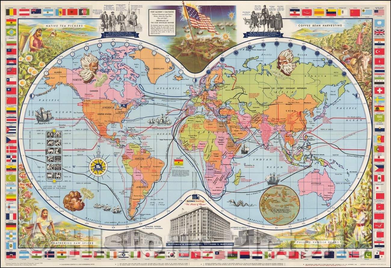 Historic Map - Advertising/Pictorial Map of the World - McCormick & Company, 1957, McCormick & Company - Vintage Wall Art