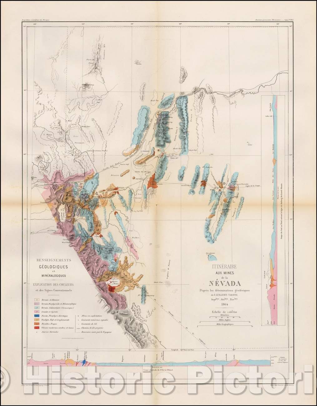 Historic Map - Itineraire Aux Mines de la Nevada D'Apres les determinations geodesiques de E. Guillemin-Taraye Septbre/Map of Nevada, Guillemin-Tarayre, 1869 - Vintage Wall Art