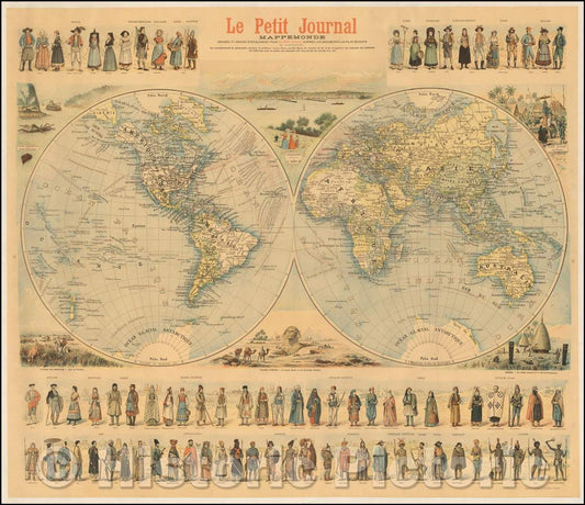 Historic Map - Wall Map of the World Mappemonde Dressee et Grave Specialement pour Le Petit Journal D?apres les Documents le Plus Regents, 1900, Menetrier - Vintage Wall Art