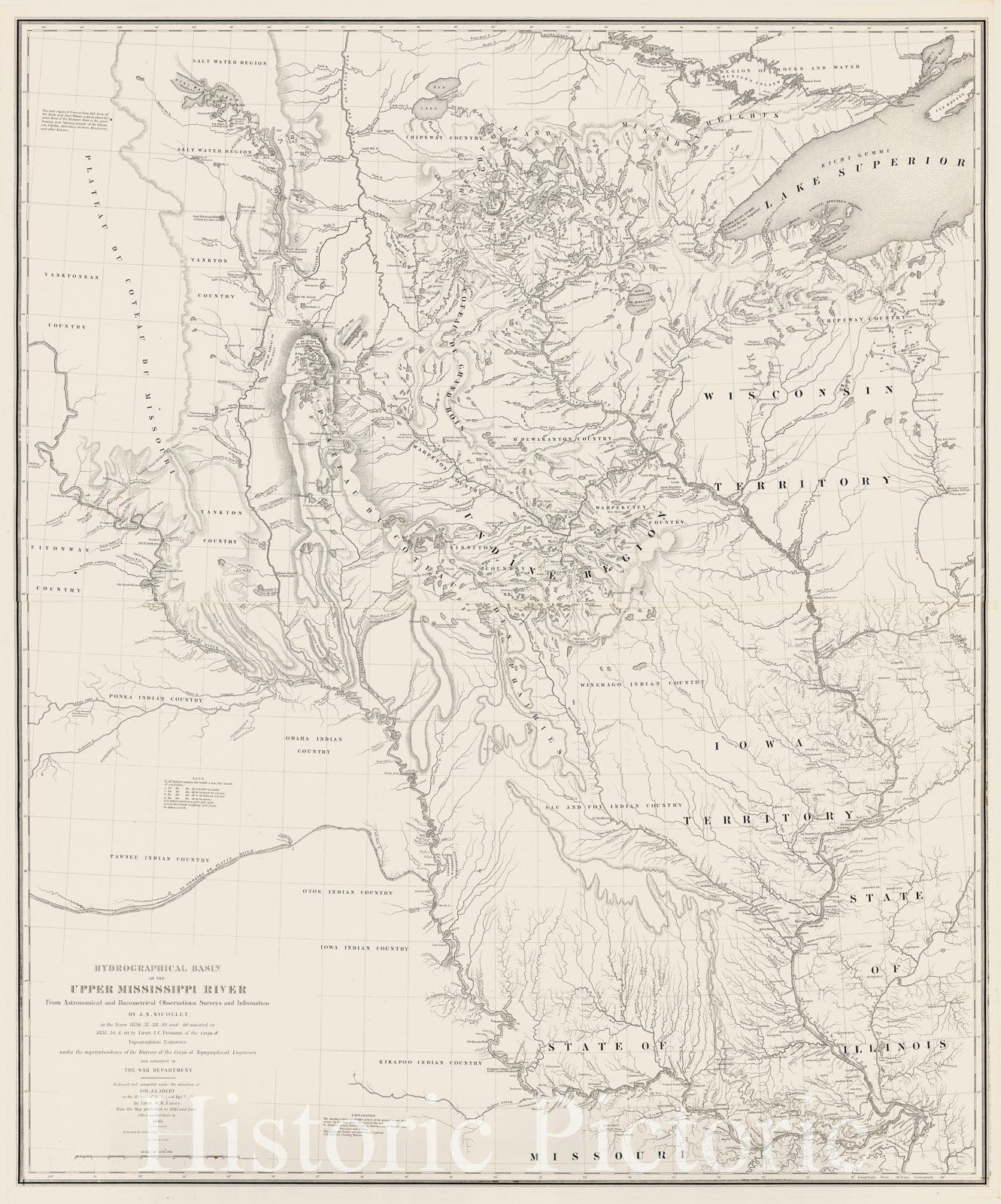 Historic Map - Hydrographical Basin of the Upper Mississippi River from Astronomical and Barometrical Observations Surveys and Information, 1845 v3