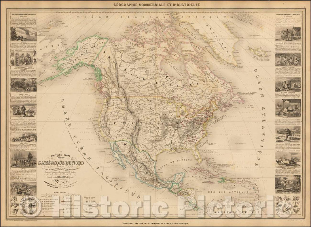 Historic Map - Nouvelle Carte Illustree De L'Amerique Du Nord Indiquant Les Grandes/North America, Distribution Of Vegetables And Minerals, 1854 v1