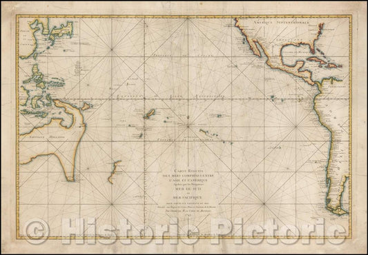 Historic Map - Carte Reduite Des Mers Comprises Entre L'Asie et L'Amerique Apelees par les Navigateurs Mer Du Sud ou Pacifique, 1742, Depot de la Marine - Vintage Wall Art