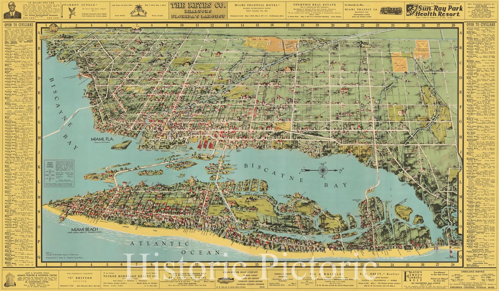 Miami Pictorial Birdseye View Map, 1940 ca - Historical Map Print