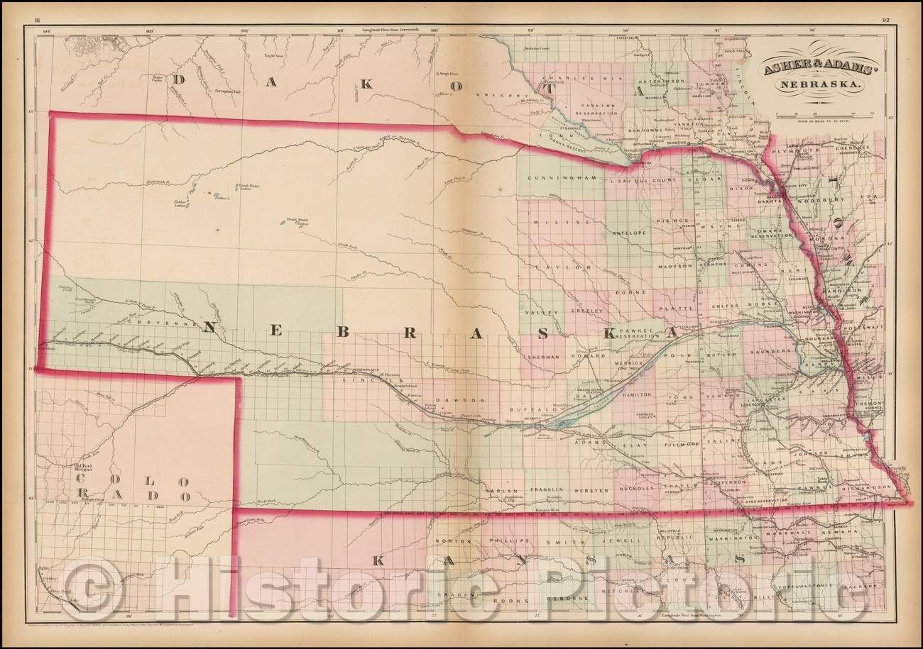 Historic Map - Asher & Adams' Nebraska, 1872, Asher - Vintage Wall Art