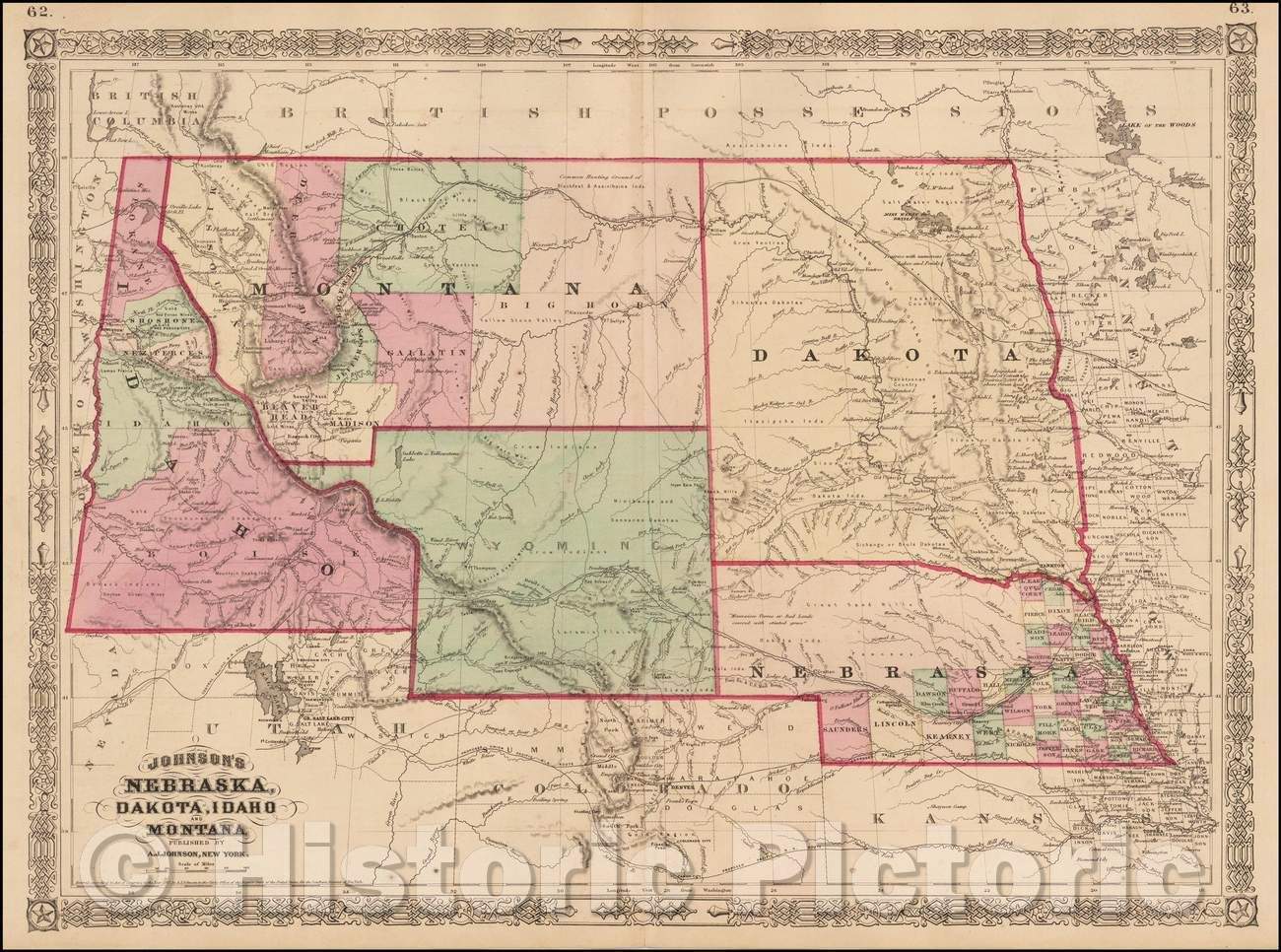 Historic Map - Johnson's Nebraska, Dakota, Idaho & Montana, 1865, Alvin Jewett Johnson v2