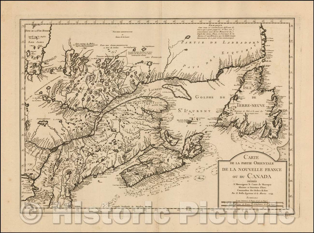 Historic Map - Carte De La Partie Orientale De La Nouvelle France, Ou Du Canada/Card Eastern Part Of The New France, Or From Canada. 1744, 1744 - Vintage Wall Art