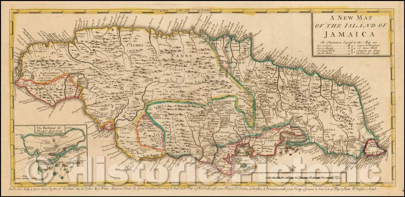 Historic Map - The Island of Jamaica, 1740, George Foster - Vintage Wall Art