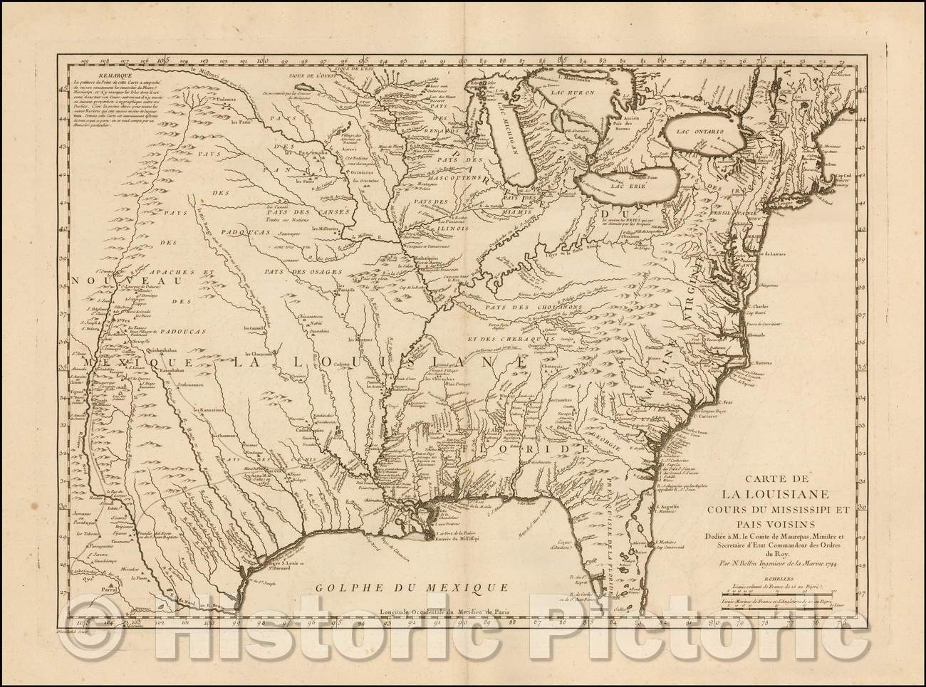 Historic Map - Louisiane cours du Mississipi et Pais Voisins Dediee a M. le C :: of Louisiana and the Mississippi Pais Neighbors dedicated to Count Maur, 1744 - Vintage Wall Art