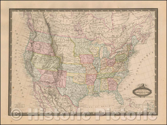 Historic Map - Etats-Unis De L'Amerique Du Nord/United States Of America North. 1860 (Includes Deseret), 1860, F.A. Garnier - Vintage Wall Art