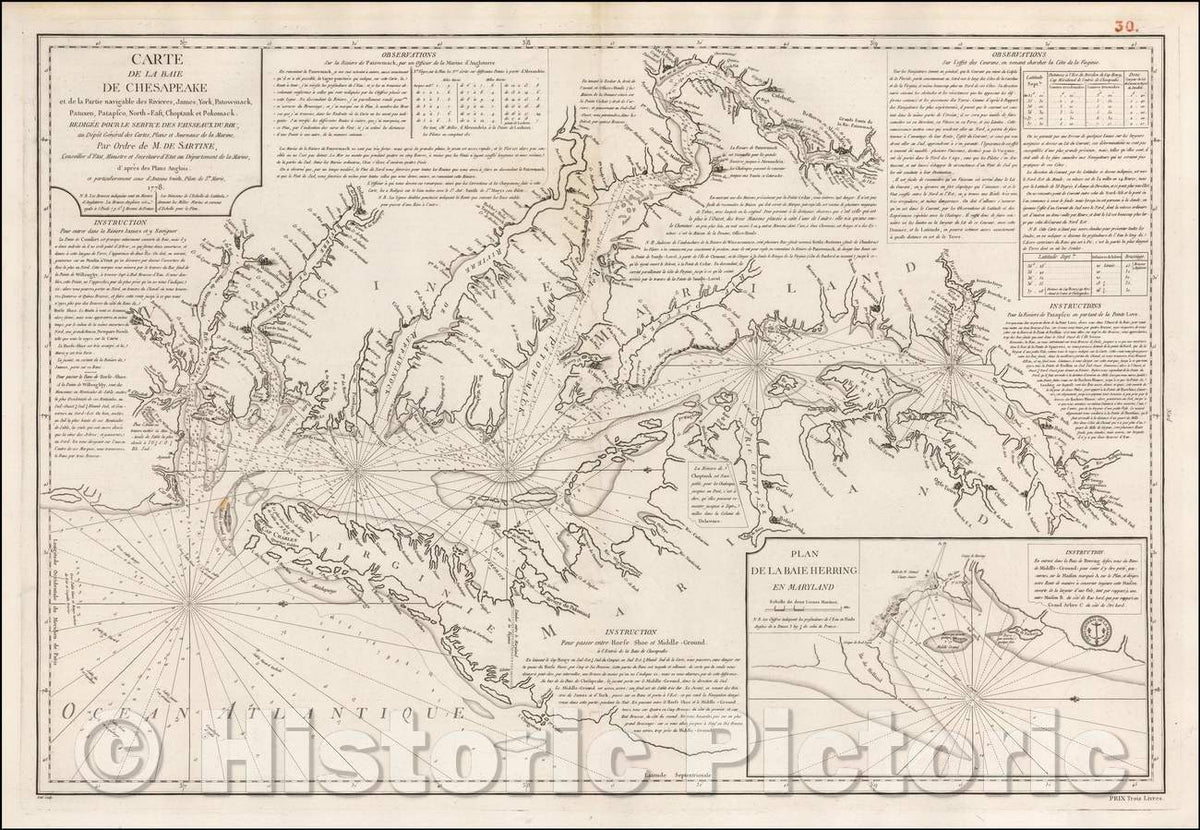 Historic Map - Baie De Chesapeake et de la Partie navigable des Rivieres, James, York, Patomack, Patuxeo, Patapasco, North-East, Choptauk et Pokomack, 1778 v3