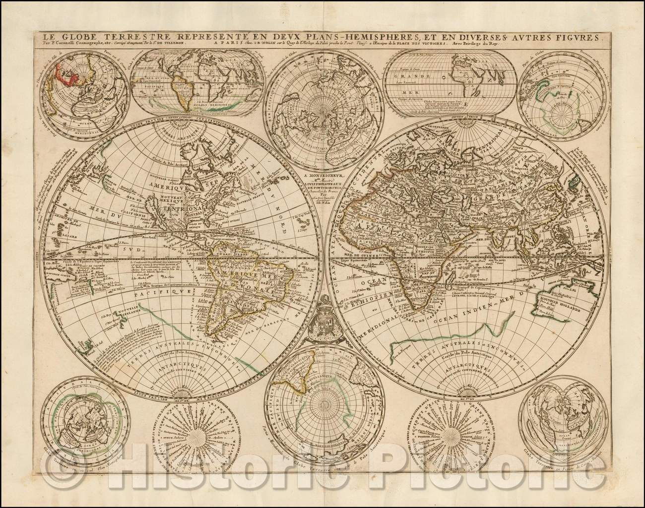 Historic Map - Le Globe Terrestre Represente En Deux Plans-Hemispheres et en Diverses Autres Figures, 1690, Jean-Baptiste Nolin v2