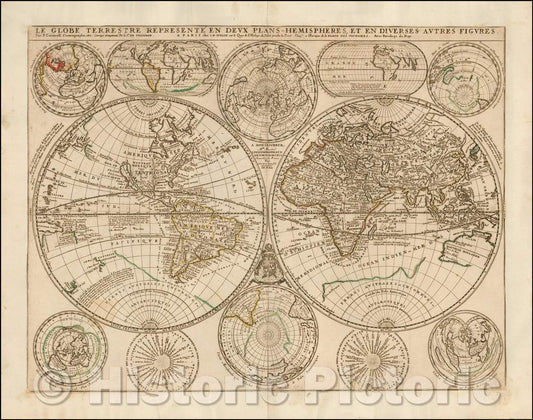 Historic Map - Le Globe Terrestre Represente En Deux Plans-Hemispheres et en Diverses Autres Figures, 1690, Jean-Baptiste Nolin v2