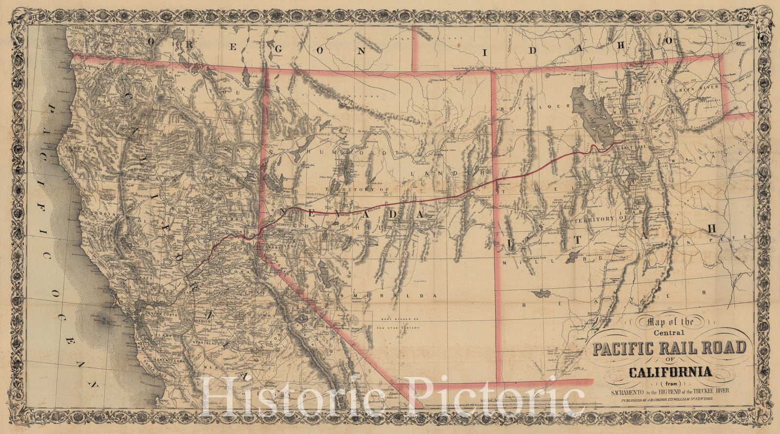 Historic Map - Map of the Central Pacific Rail Road of California (from) Sacramento to the Big Bend of the Truckee River, 1865, Joseph Hutchins Colton - Vintage Wall Art