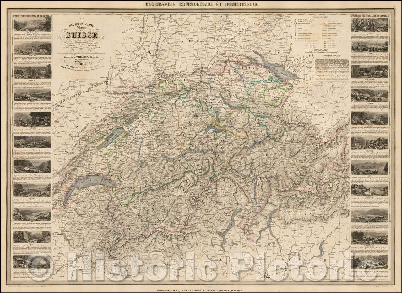 Historic Map - Nouvelle Carte Illustree de La Suisse/Map of Switzerland, including approximately 22 side panel vignettes, 1860, Alexandre Vuillemin - Vintage Wall Art