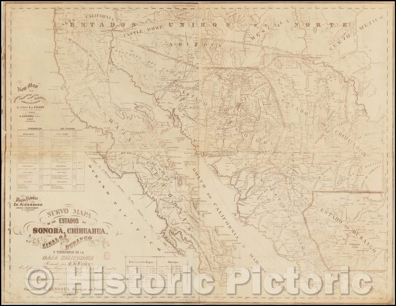 Historic Map - Nuevo Mapa de los Estados de Sonora, Chihuahua, Sinaloa, Durango y Territorio de la Baja California/Northern Mexico,The Borderlands, 1864 - Vintage Wall Art