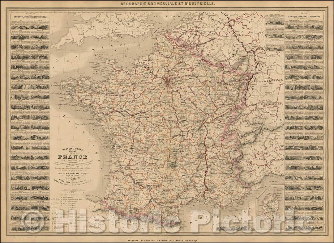 Historic Map - Nouvelle Carte Illustree de La France, 1860, Alexandre Vuillemin - Vintage Wall Art