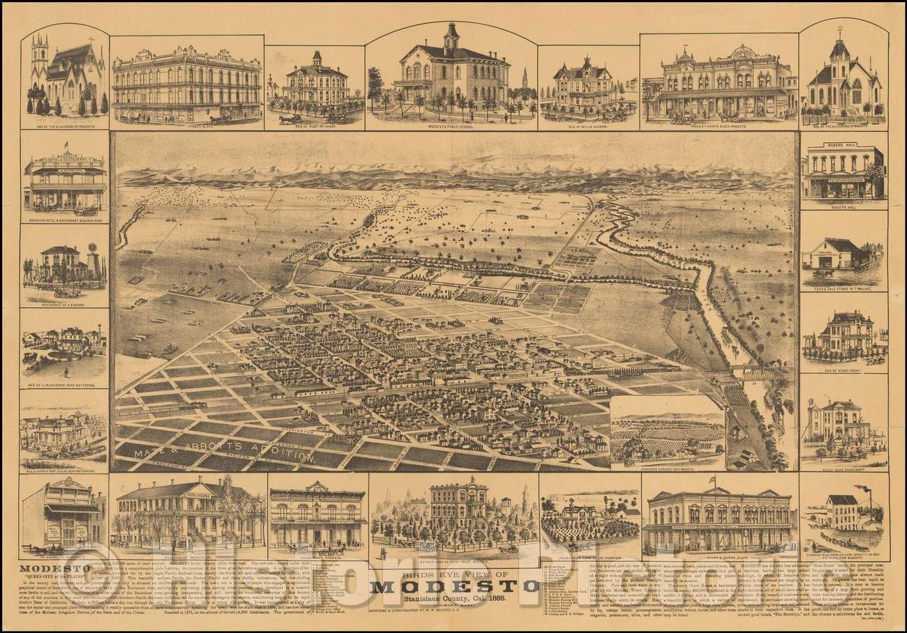 Historic Map - Birds Eye View of Modesto, Stanislaus County, Cal. (Looking East), 1888, W.W. Elliott & Co. v2