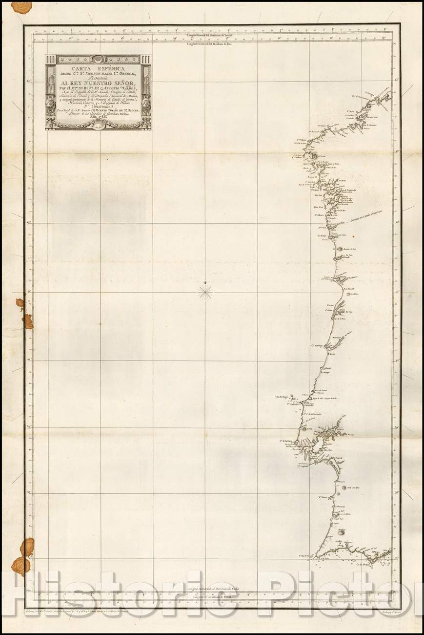 Historic Map - Carta Esfe?rica desde Co. Sn. Vicente hasta Co. Ortegal : Presentada al, 1788 - Vintage Wall Art