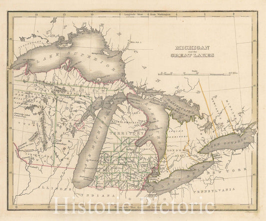 Historic Map - Michigan and the Great Lakes, 1835, Thomas Gamaliel Bradford - Vintage Wall Art