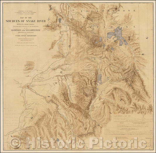 Historic Map - Map of the Sources of the Snake River With Its Tributaries, Together with Portions of the Headwaters of the Madison and Yellowstone, 1872 - Vintage Wall Art