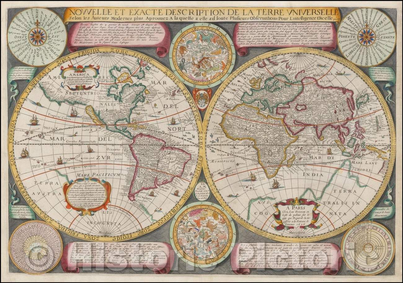 Historic Map - Nouvelle et Exacte Description De La Terre Universelle Selon les Auteurs M, 1636 - Vintage Wall Art