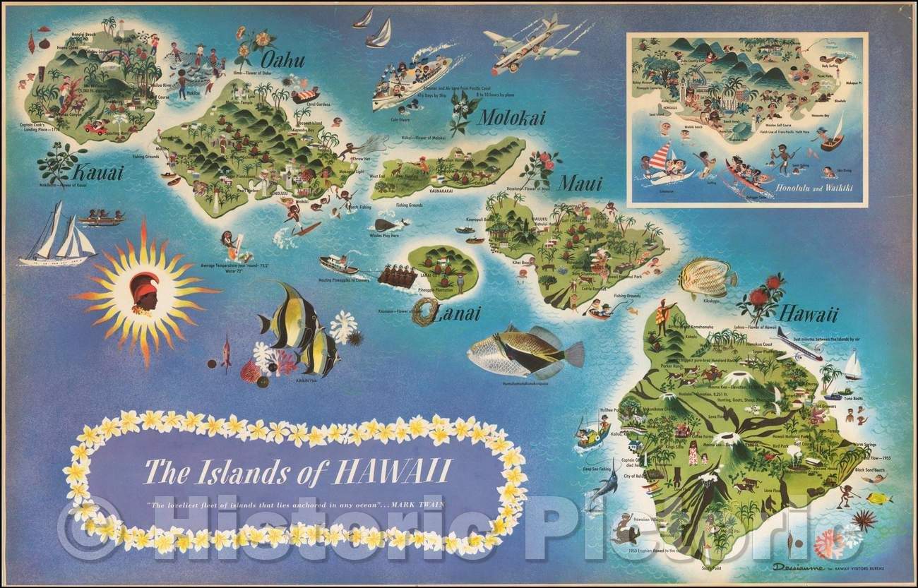 Historic Map - The Islands of Hawaii, 1957, Dessiaume - Vintage Wall Art
