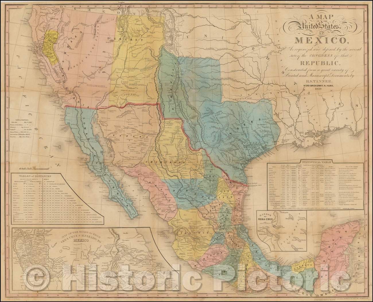 Historic Map - United States of Mexico, As organized and defined, 1850, Henry Schenk Tanner - Vintage Wall Art