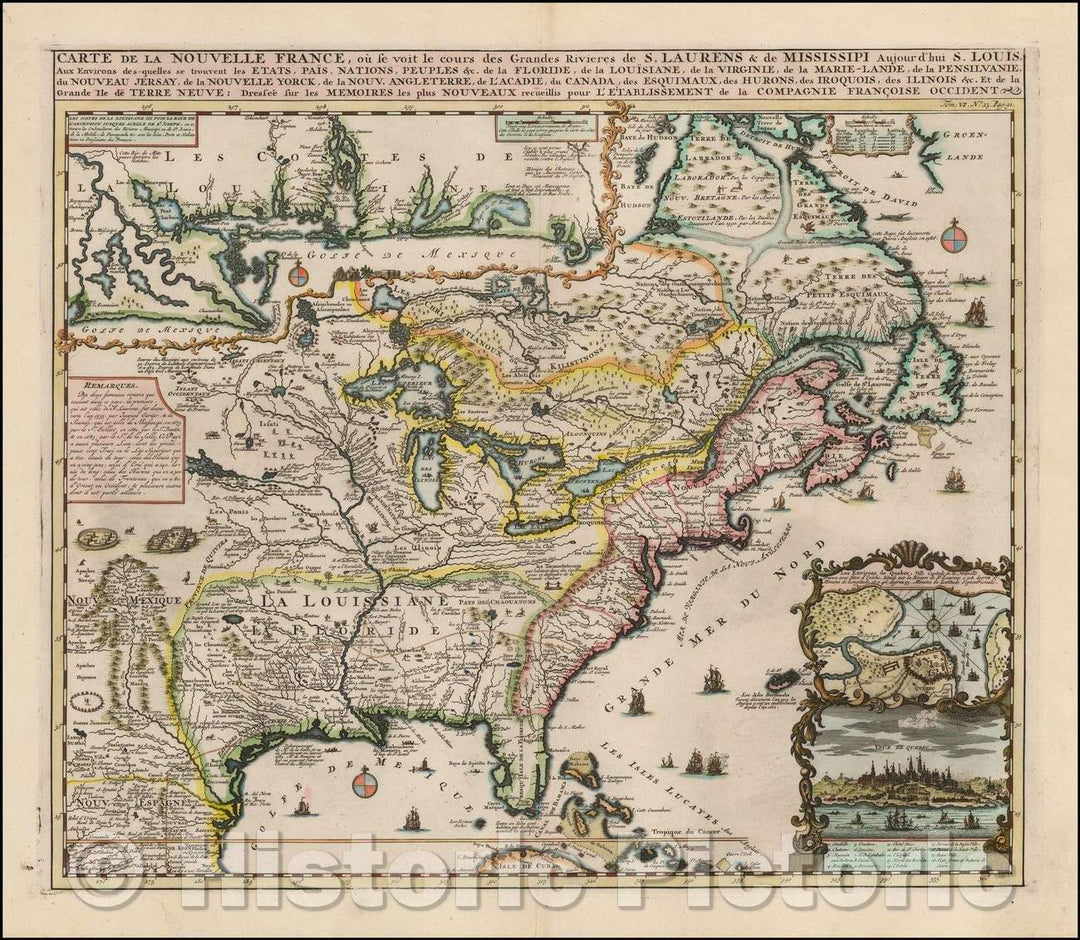 Historic Map - Carte De La Nouvelle France, ou se voit le cours des Grandes Rivieres de. S. Laurens & de Mississipi, 1719, Henri Chatelain v5