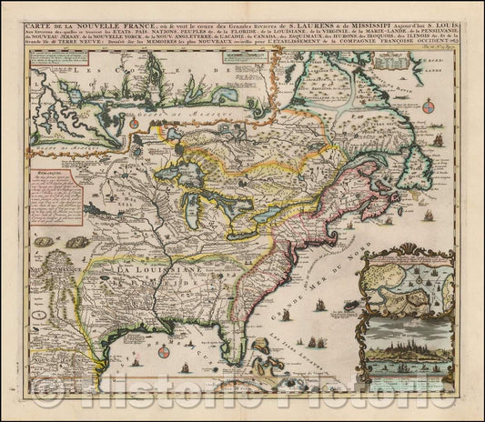 Historic Map - Carte De La Nouvelle France, ou se voit le cours des Grandes Rivieres de. S. Laurens & de Mississipi, 1719, Henri Chatelain v5