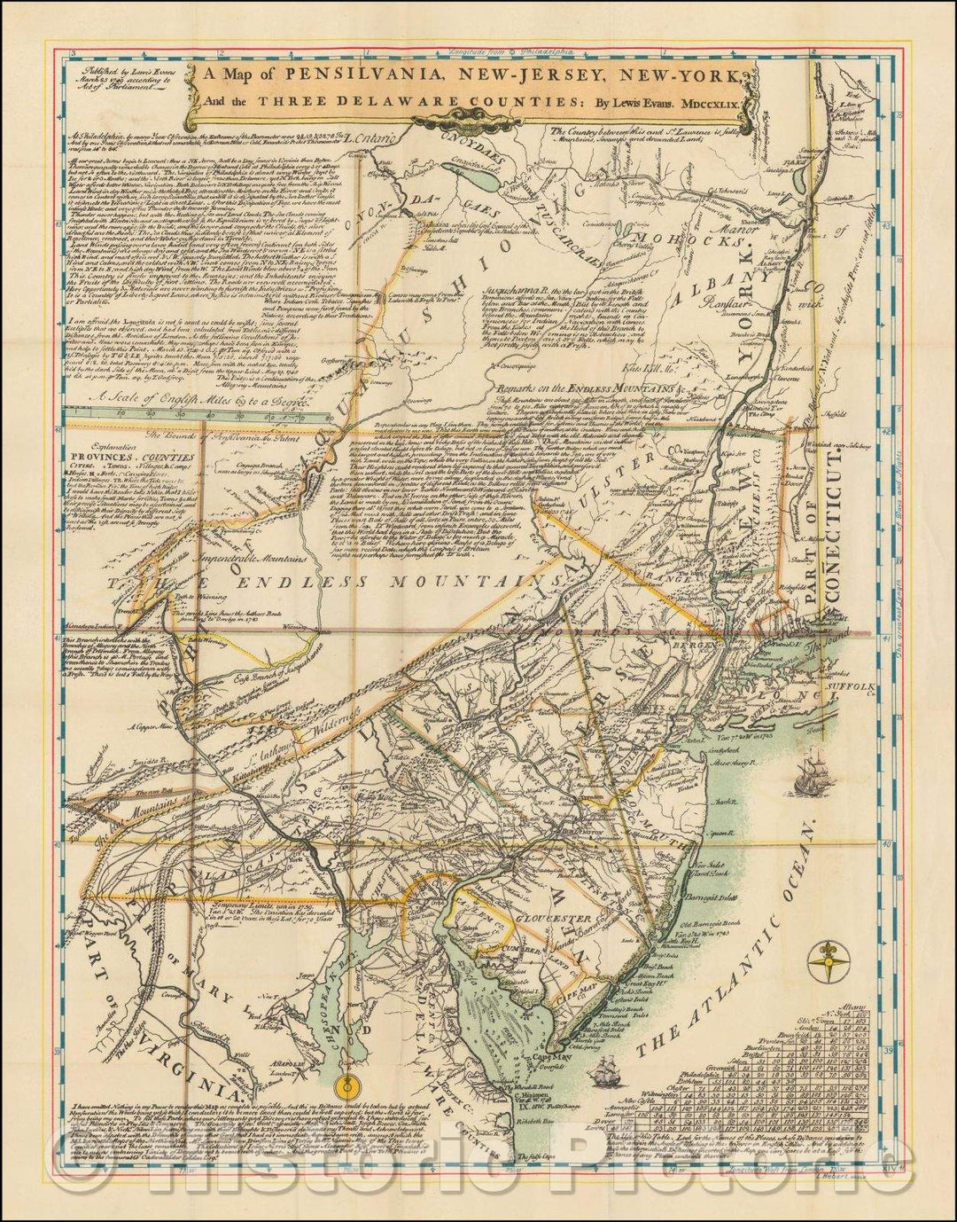 Historic Map - A Map of Pensilvania, New-Jersey, New-York And the Three Delaware Counties: 1749, Lewis Evans - Vintage Wall Art