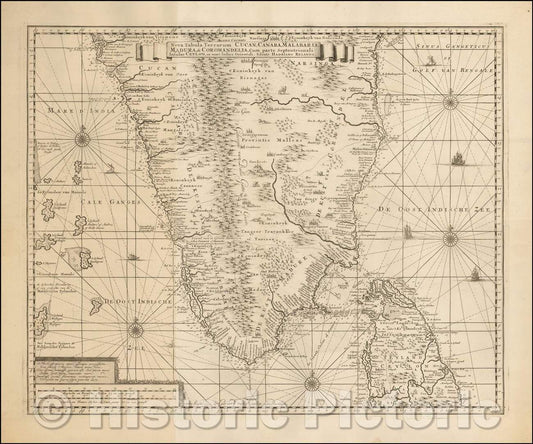 Historic Map - Nova Tabula Terrarum Cucan, Canara, Malabaria, Madura, Coromandelia/Dutch Sea Chart of the coastline of India, 1728, Gerard Van Keulen - Vintage Wall Art