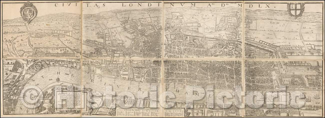 Historic Map - Civitas Londinum Ano Dni M D L X./Our City Ann Dm 1000 x 500 50, 1737, George Vertue - Vintage Wall Art